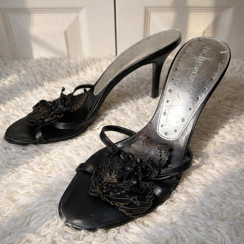 BCBG Girls Y2K Black Floral Lace Mule Heels